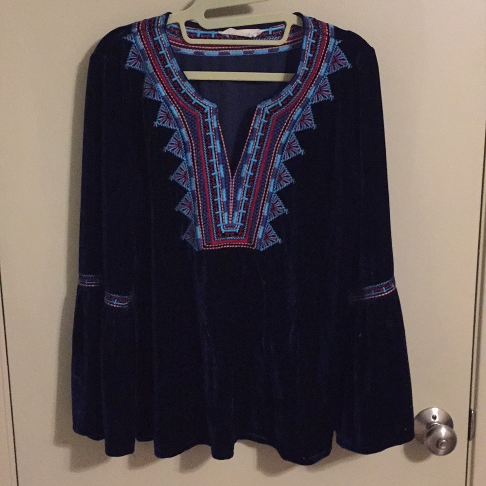 Navy velvet top with colourful details